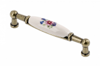 Мебельная фарфоровая ручка старое золото/розовый цветок