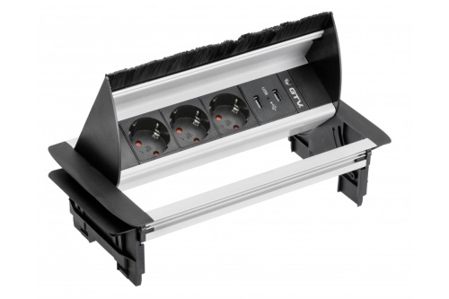 GTV УДЛИНИТЕЛЬ ВРЕЗНОЙ ПРЯМОУГОЛЬНЫЙ СО ЩЕТКОЙ, 3XSCHUKO, 2XUSB/5V, БЕЗ НИЖНЕЙ КРЫШКИ, ЦВЕТ СЕРЕБРО