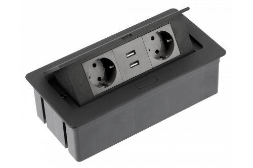 GTV УДЛИНИТЕЛЬ ВРЕЗНОЙ ПРЯМОУГОЛЬНЫЙ SOFT, 2XSCHUKO, 2xUSB/5V, ВИЛКА ПРОВОД 1,5M, ЦВЕТ ЧЁРНЫЙ