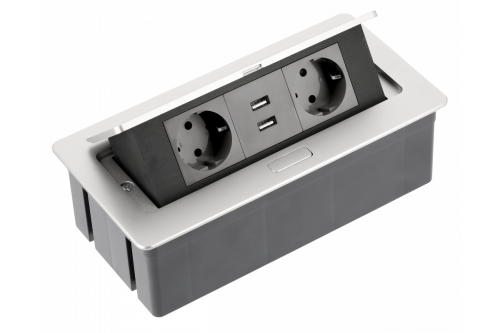 GTV УДЛИНИТЕЛЬ ВРЕЗНОЙ ПРЯМОУГОЛЬНЫЙ SOFT, 2XSCHUKO, 2xUSB/5V, ВИЛКА ПРОВОД 1,5M, ЦВЕТ СЕРЕБРО