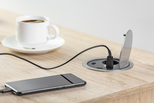 GTV УДЛИНИТЕЛЬ ВРЕЗНОЙ КРУГЛЫЙ CHARGER- 1 РОЗЕТКА SCHUKO, USB 5V2A, КАБЕЛЬ 1,5М, ЦВЕТ СЕРЕБРО