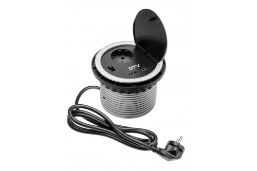 GTV УДЛИНИТЕЛЬ ВРЕЗНОЙ КРУГЛЫЙ CHARGER- 1 РОЗЕТКА SCHUKO, USB 5V2A, КАБЕЛЬ 1,5М, ЦВЕТ СЕРЕБРО