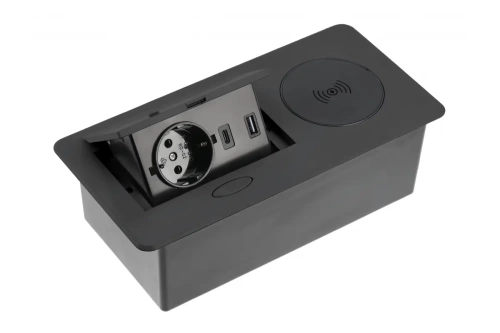 Удлинитель врезной прямоугольный AVARO PLUS, 1xSCHUKO, 1xUSB-A/5V, 1xTYPE-C/5V, беспроводная зарядка 5W, вилка провод 1,5м, черный