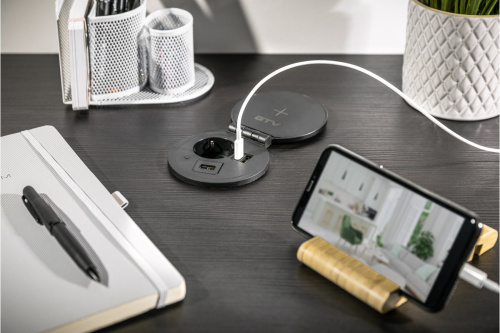 GTV УДЛИНИТЕЛЬ ВРЕЗНОЙ КРУГЛЫЙ CHARG, 1XSCHUKO, USB A + C, обмен USB-A, HDMI, RJ45,  1,5 м, черн.